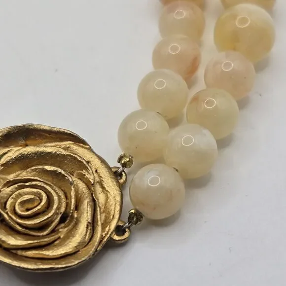 Vintage 2 Strand Choker Necklace Honey Yellow Lucite Beads Gold-Tone Rose Clasp - Picture 5 of 10